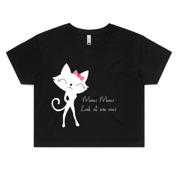 Womens Cat T-Shirt Crop Top - Meow Meow, Look at me now
